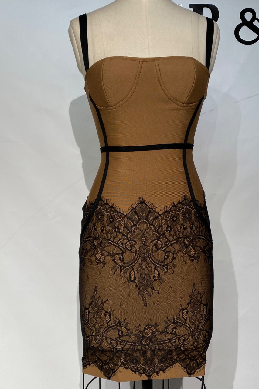 Vestido Bandage Isabel Marrón con Encaje Negro