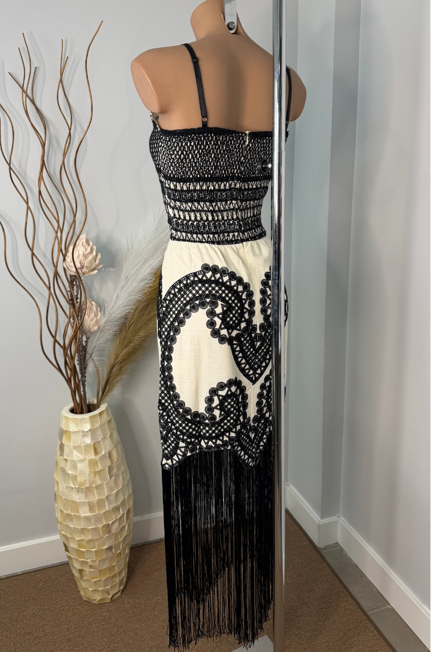 Vestido Vera de Flecos Negro y Blanco Roto