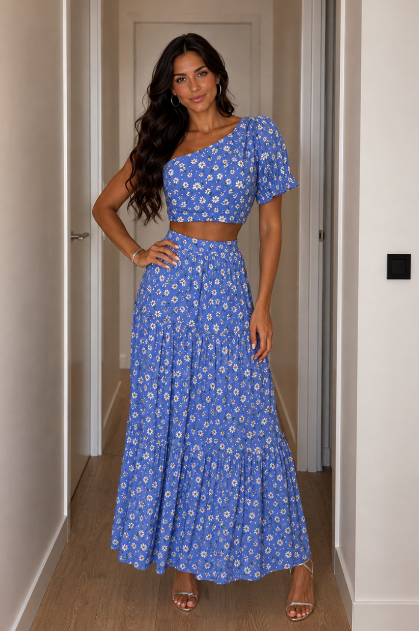 Conjunto Lívia Top y Falda Larga Azul