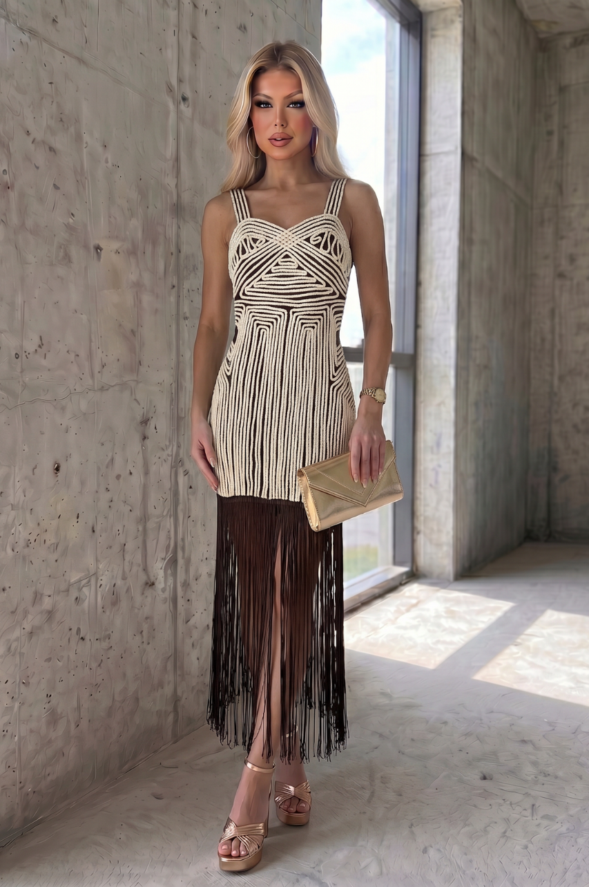 Vestido Aura de Flecos Marrón Oscuro